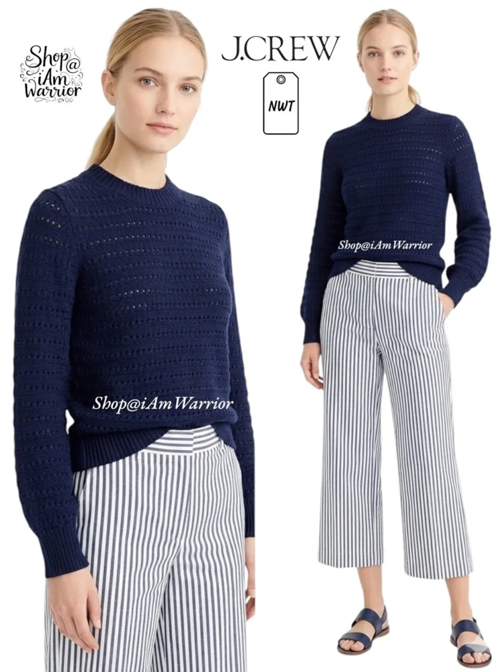 J.Crew NWT navy striped pointelle balloon sleeve cotton blend crewneck sweater